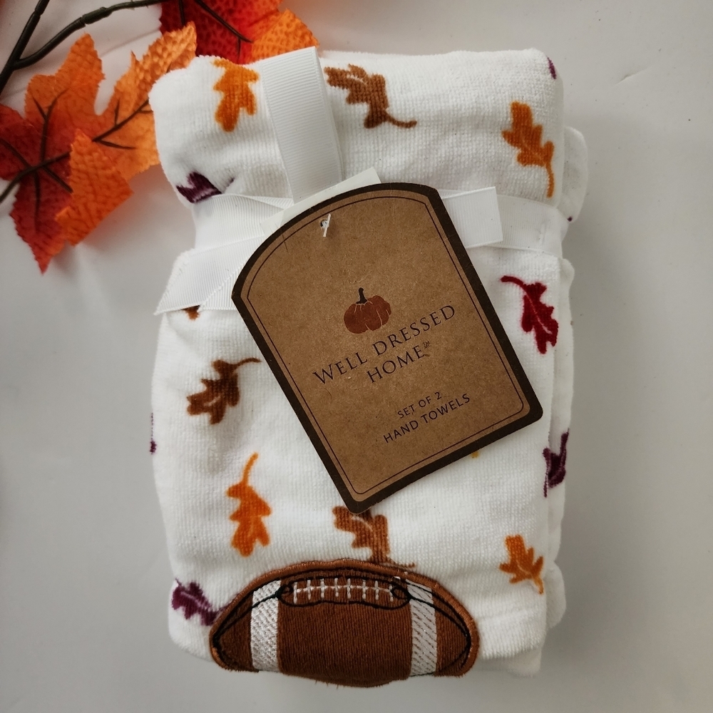 Football Leaves Harvest Embellished 2 Hand Towels 100% Cotton New